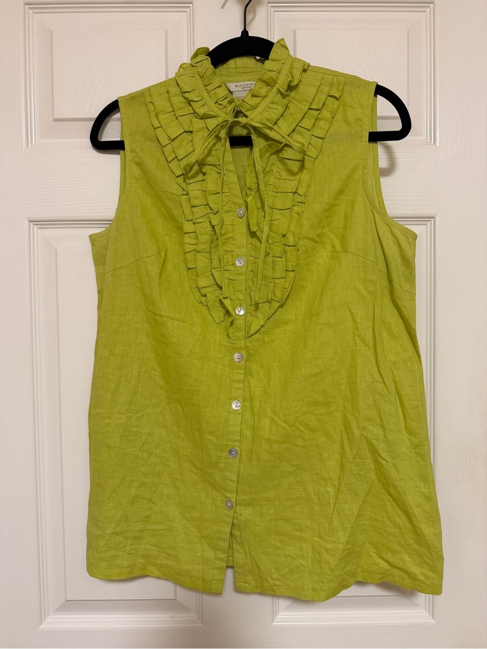 Vintage Y2K Sandro Lime Green Ruffle Linen Top Cottagecore Boho Blouse M